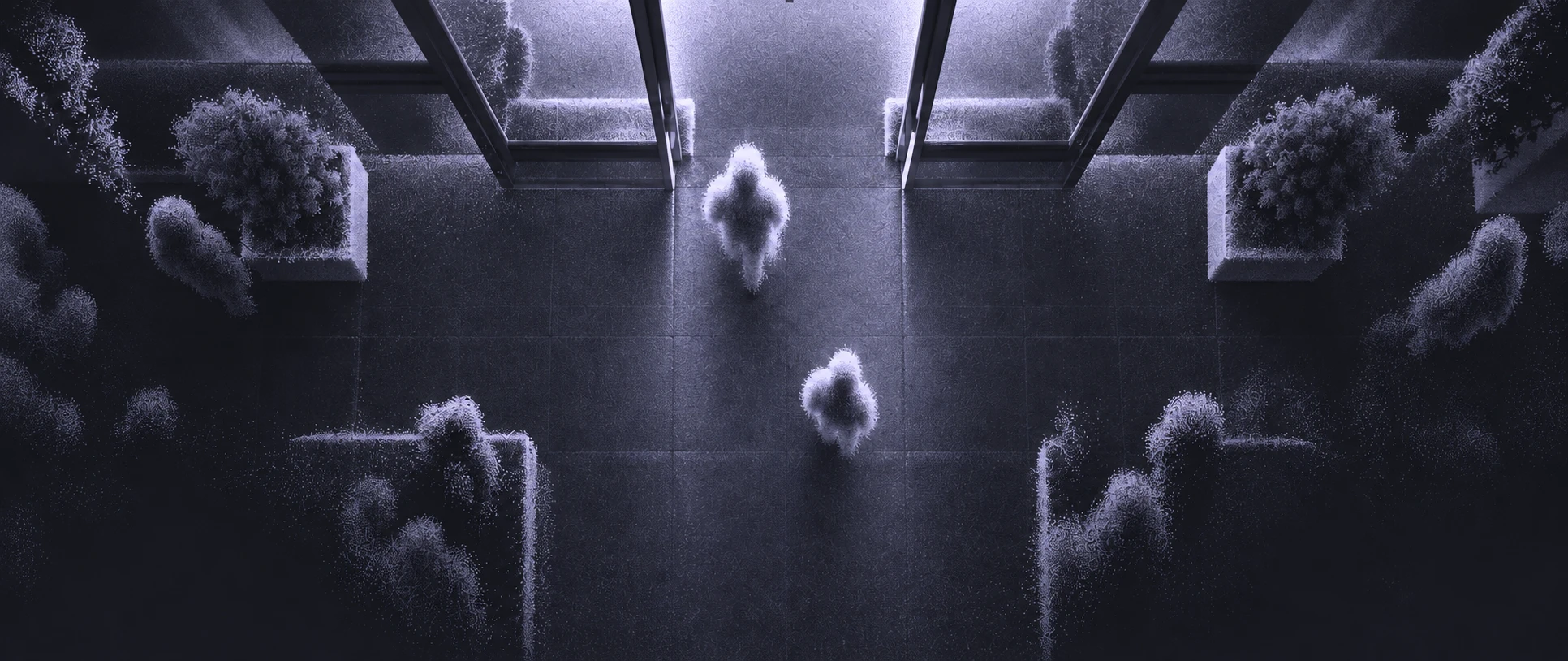 Lavender sensor point cloud showing anonymous shapes at an entrance, without recognizable faces