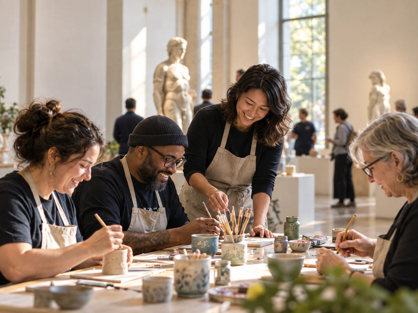 Adults creating pottery and artwork together during a museum workshop