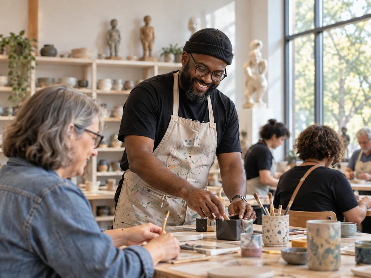 A workshop facilitator helping adults create artwork in a museum studio