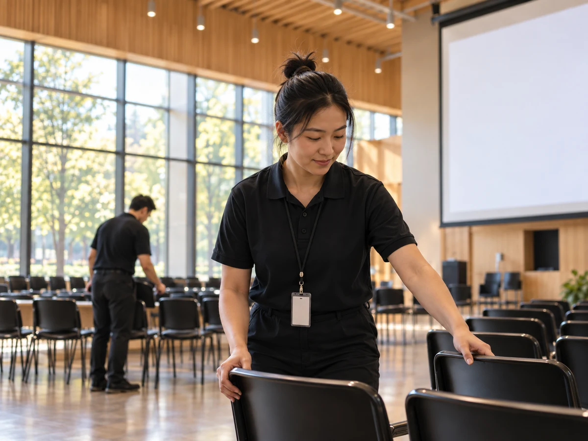 A team member arranging chairs before a gathering in a community event hall