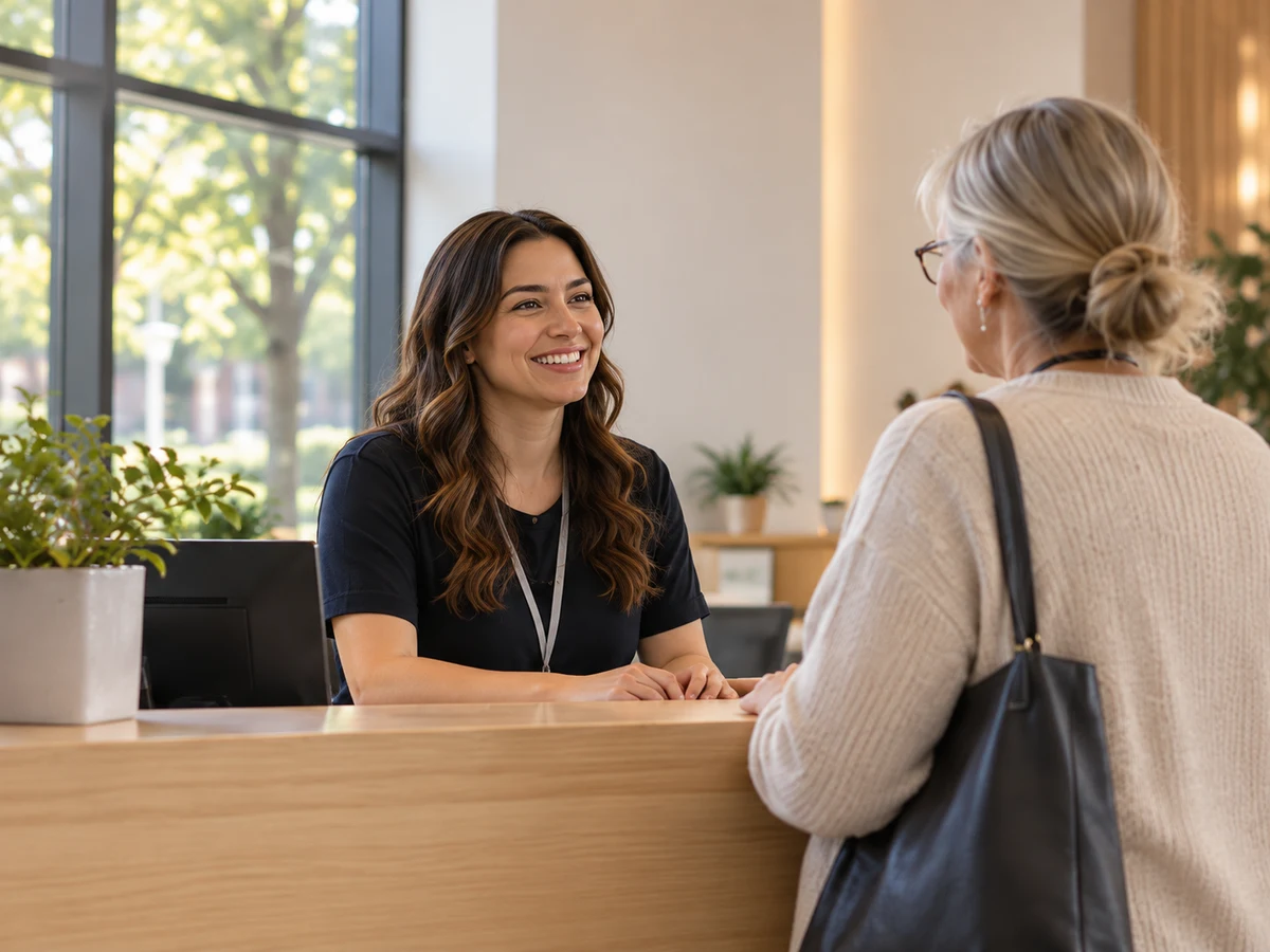 A team member welcoming a visitor at a light-filled community welcome desk