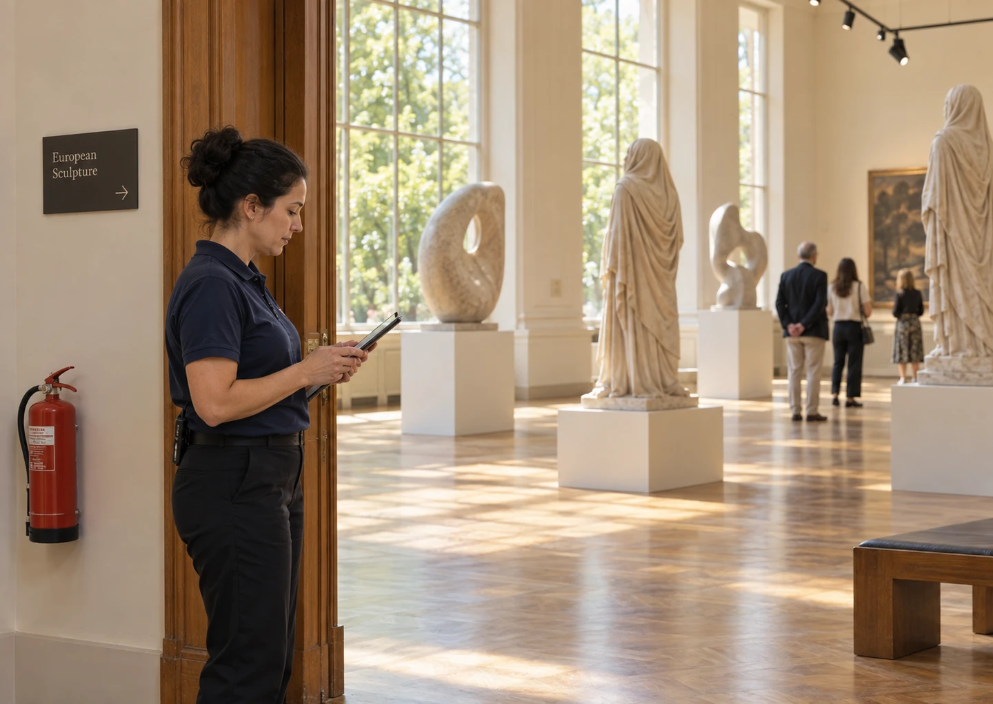 A facilities team member recording a check on a tablet beside a fire extinguisher in a sunlit museum gallery