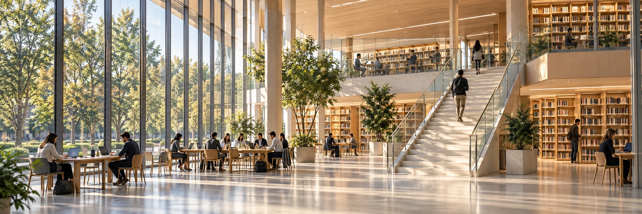People gathering, reading, and moving through a light-filled library atrium