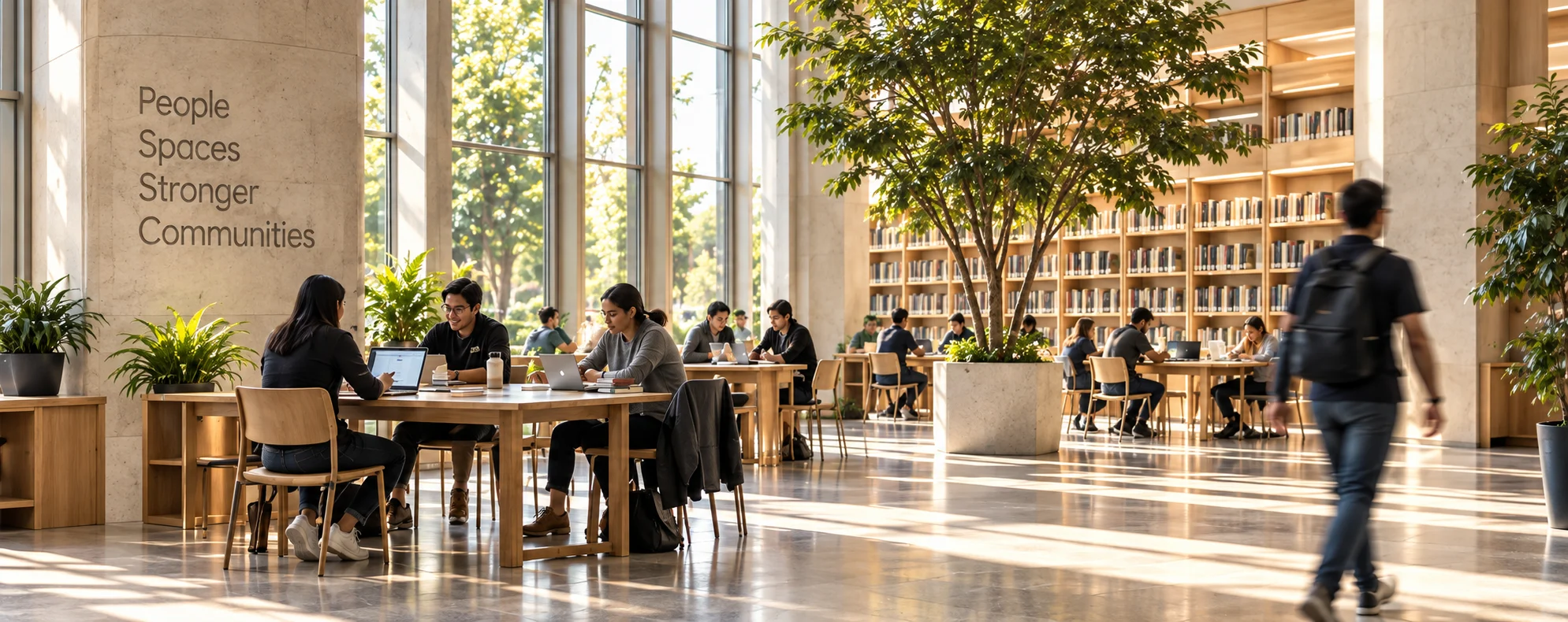People reading and talking at shared tables in a warm, sunlit library with indoor trees
