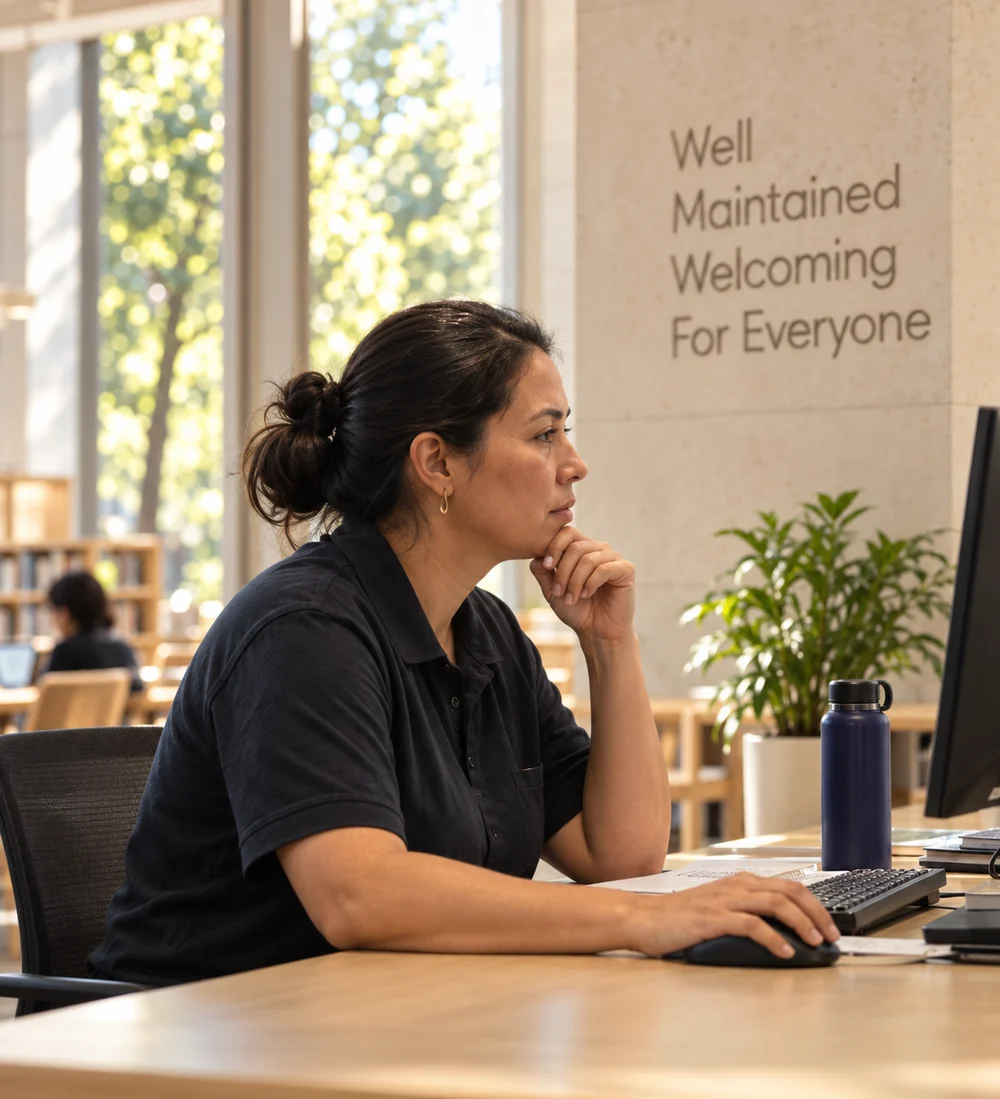 A facility manager working at her computer beside a sunlit library window