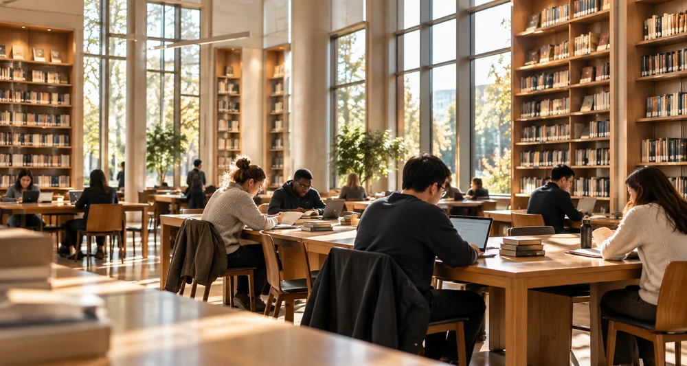 Daylit library with reading tables and wooden bookshelves