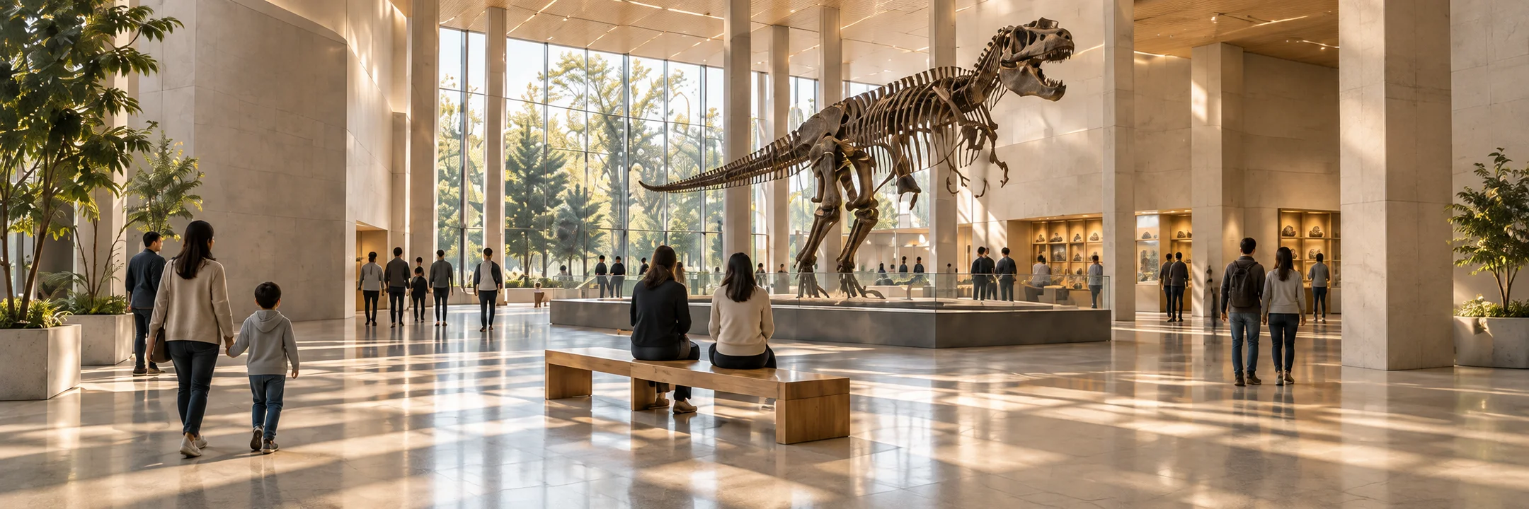 Visitors exploring a spacious museum atrium with a dinosaur exhibit