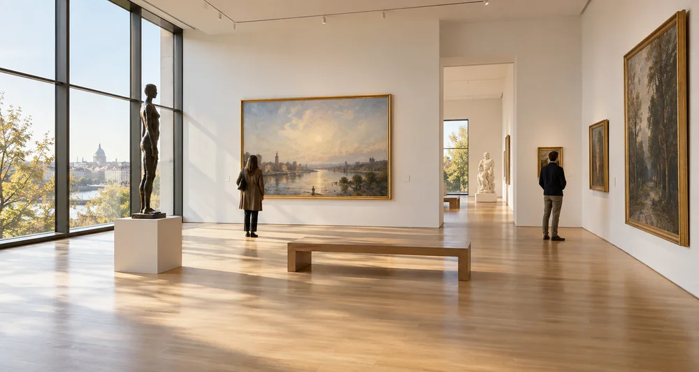 Visitors viewing paintings in a naturally lit museum gallery
