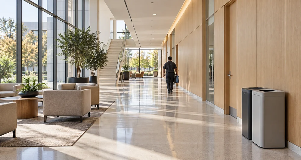 Public building corridor with doors, waste bins and a facilities team member