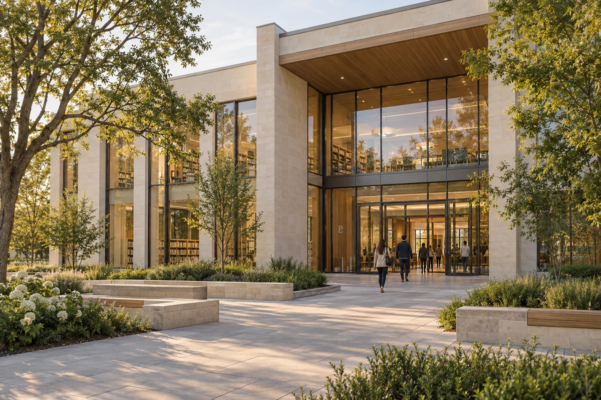 Visitors approaching a contemporary library with large windows and mature trees