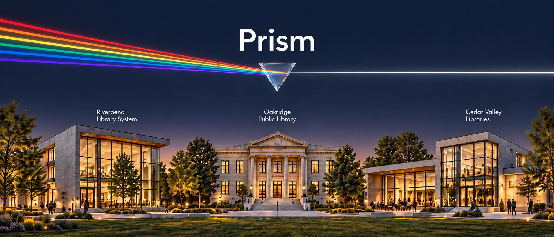 Colored light passes through a glass prism and becomes one white stream above three independent organizations: Riverbend Library System, Oakridge Public Library, and Cedar Valley Libraries.