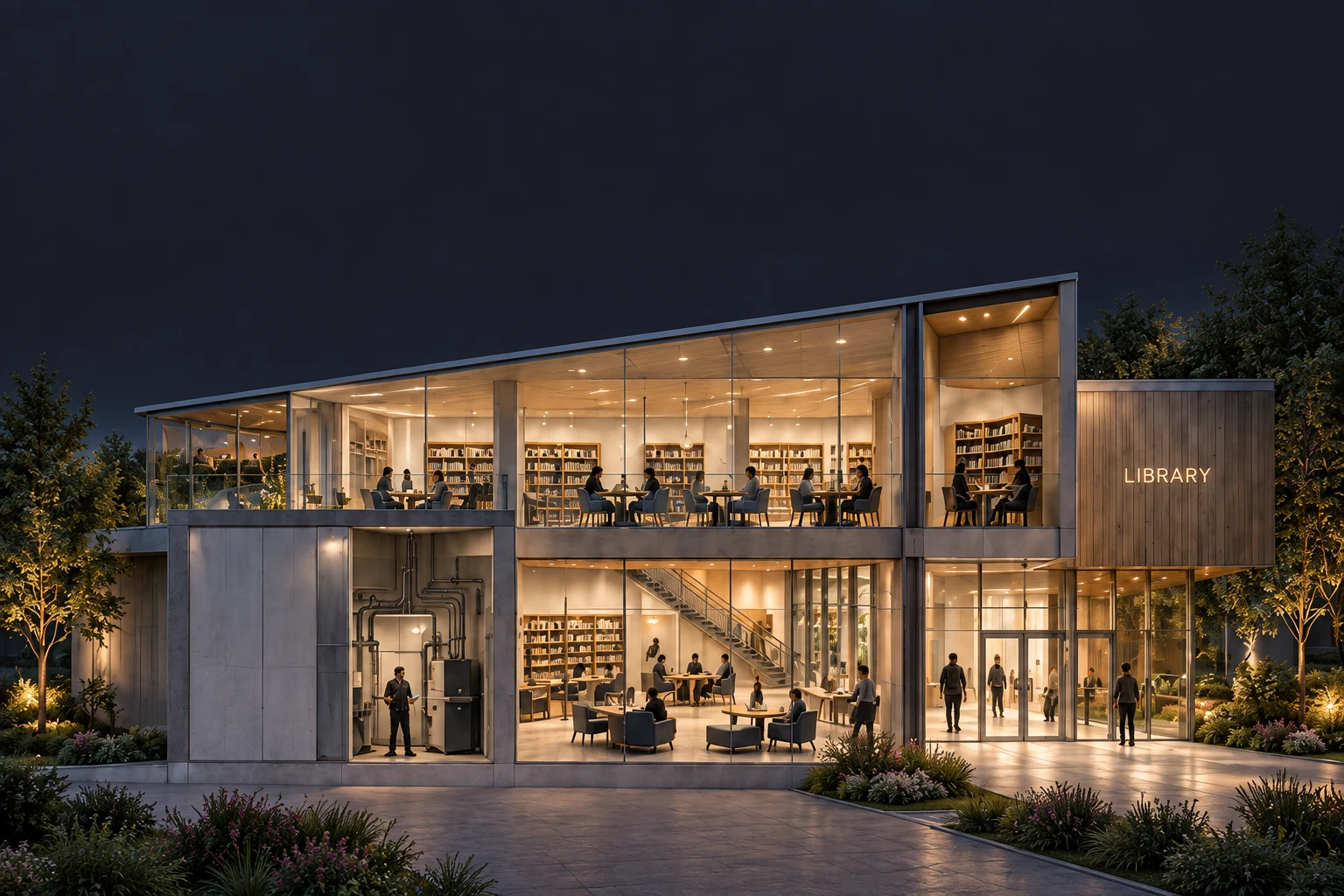 An architectural cutaway of a two-story library, showing a service room, gathering area and entrance