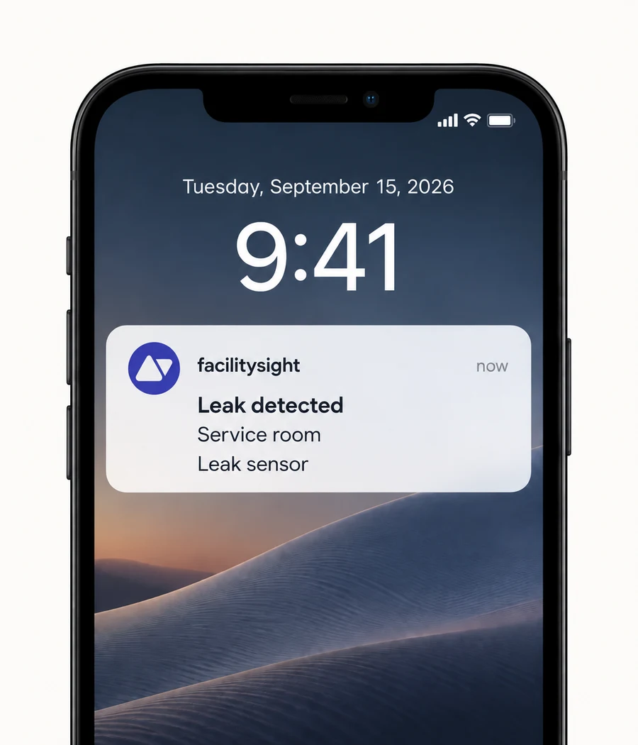 A FacilitySight push notification on a phone: Leak detected, Service room, Leak sensor