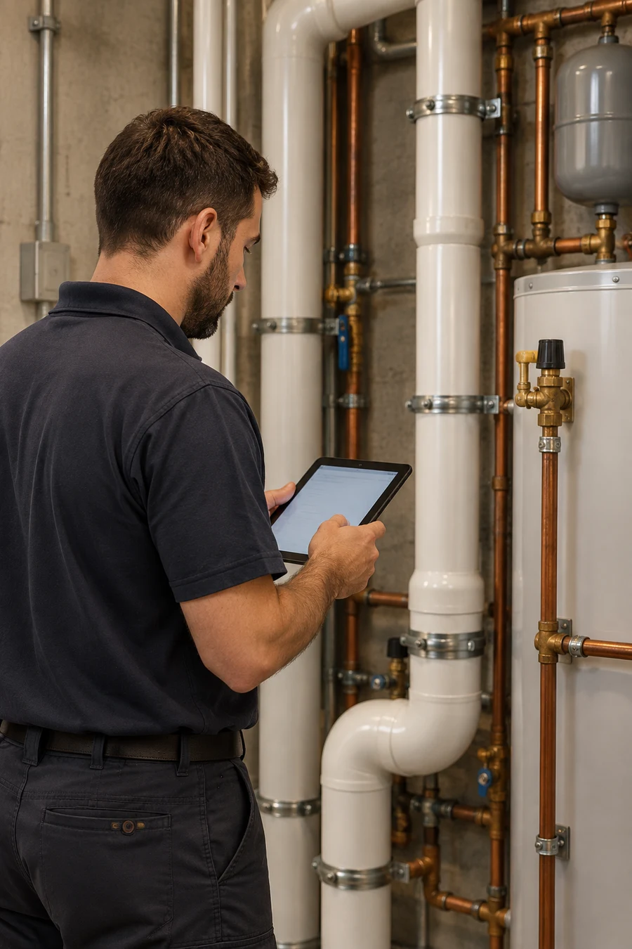 A facilities team member reviewing a work item on a tablet in a plant room