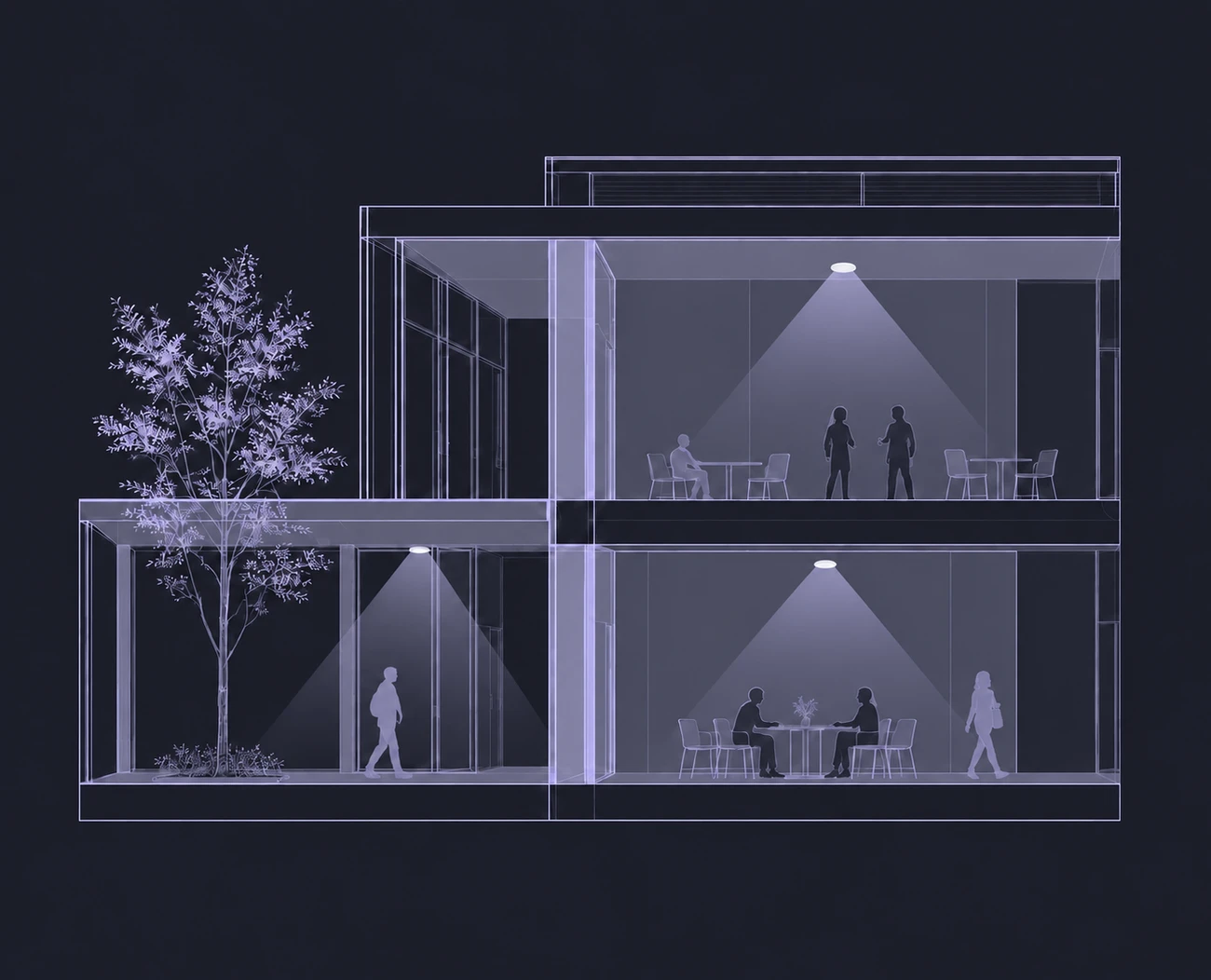 Architectural cutaway with three ceiling-mounted sensors and translucent lavender beams illustrating coverage across two rooms and an entrance