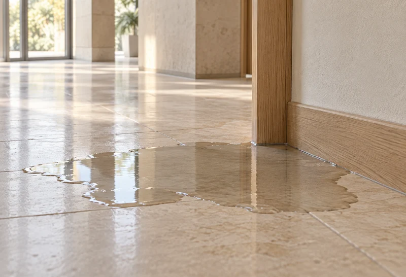 A small water leak on the tile floor beside a service-room doorway