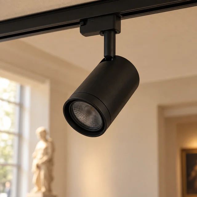 An unlit gallery spotlight attached to a ceiling track