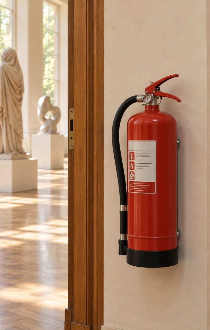 A fire extinguisher beside the gallery entrance