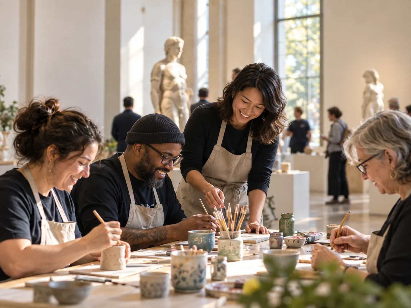 A workshop facilitator helping adults create pottery in a sunlit museum