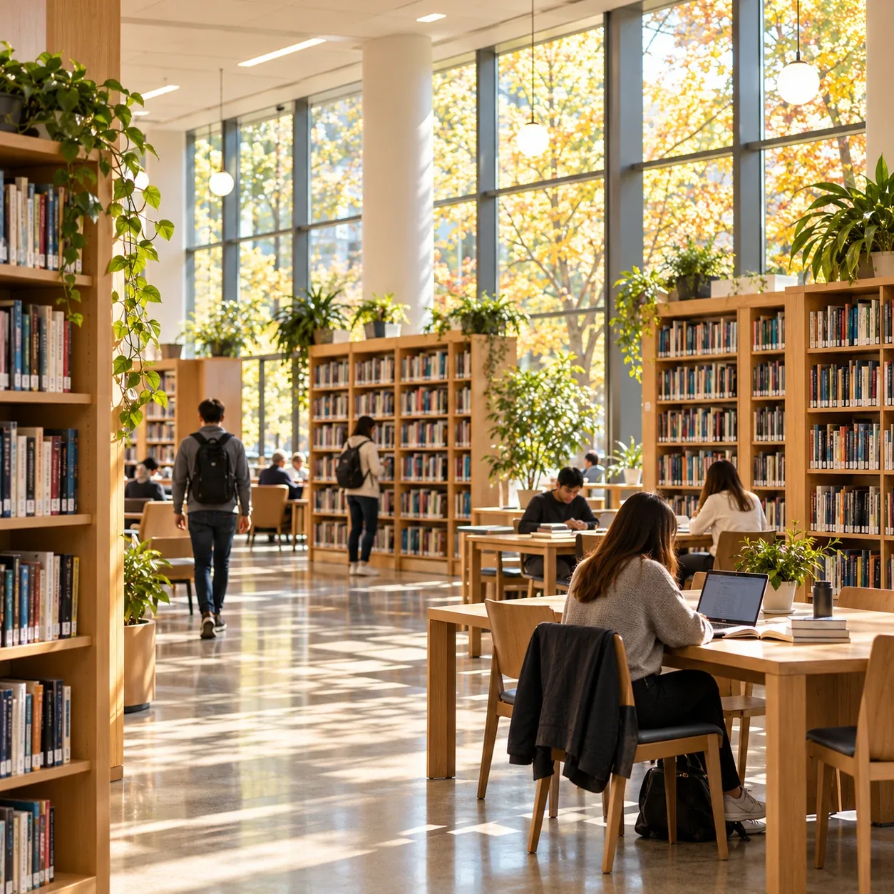 Readers at tables and bookshelves in a sunlit library