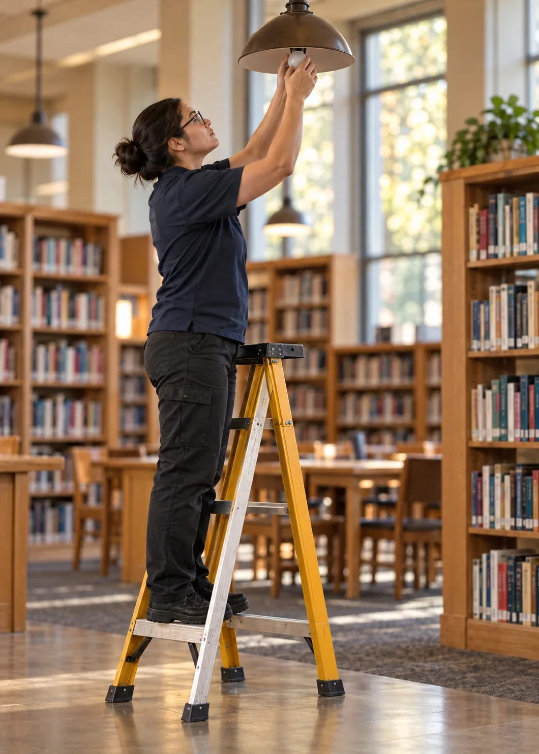 Library scene of a staff member checking a reading lamp