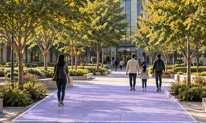 Visitors in a sunlit courtyard with a lavender counting zone