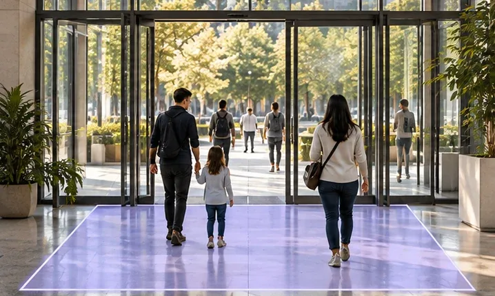 Visitors entering through glass doors, with a lavender counting boundary across the entrance