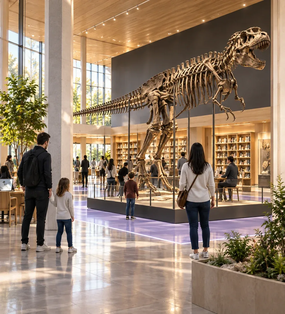 Adults and children exploring a dinosaur exhibit within a museum zone