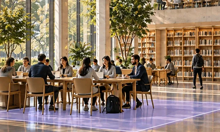 An open reading area with a lavender virtual boundary around the seating zone
