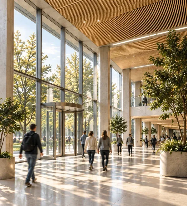 Visitors arriving through a glass entrance