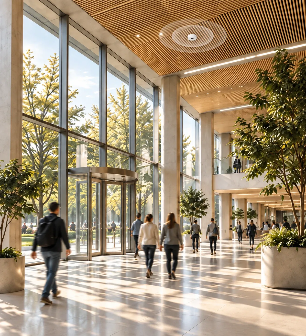 Visitors entering a light-filled civic atrium beneath a ceiling-mounted overhead sensor with an illustrated sensing halo