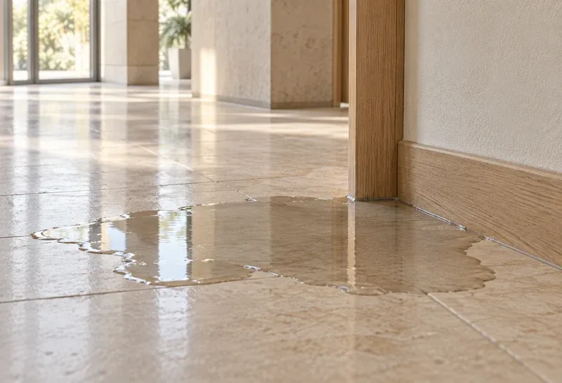 A small water leak on the tile floor beside a service-room doorway