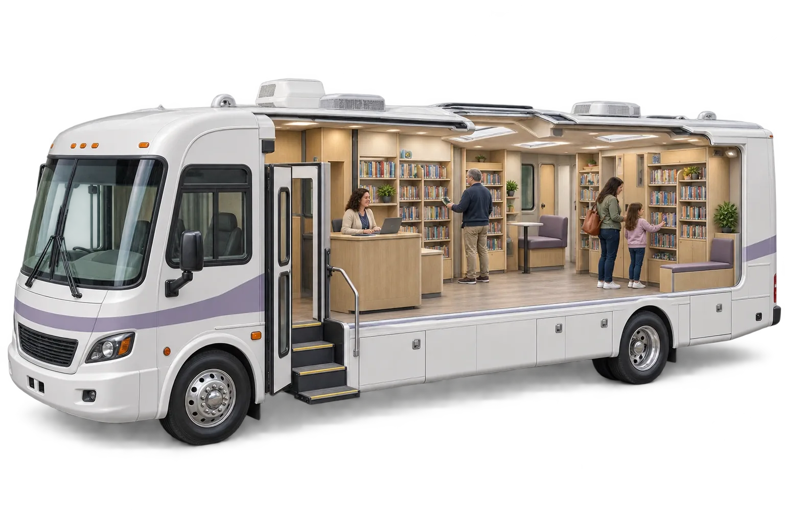 Cutaway illustration of a full-size bookmobile RV with a librarian, adult patrons and a child browsing books inside