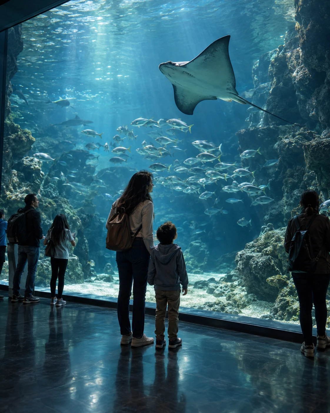 Families watching a ray and schools of fish through a large aquarium viewing window